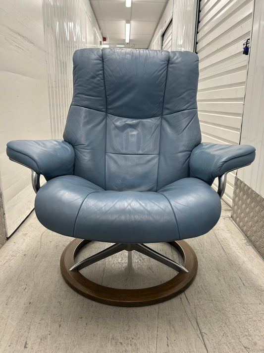 Ekornes Stressless Signature Mayfair Blue Leather Recliner Chair & Stool Large Pre-Loved