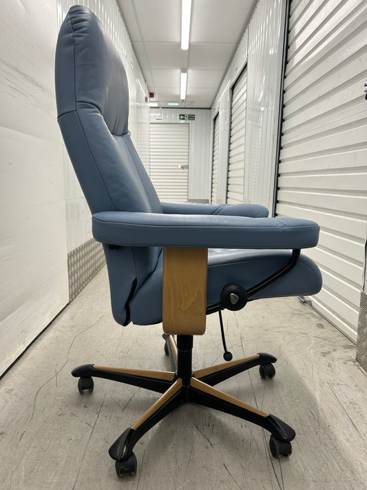 Ekornes Stressless Consul Recliner Sparrow Blue Leather Office Desk Chair Pre-Loved