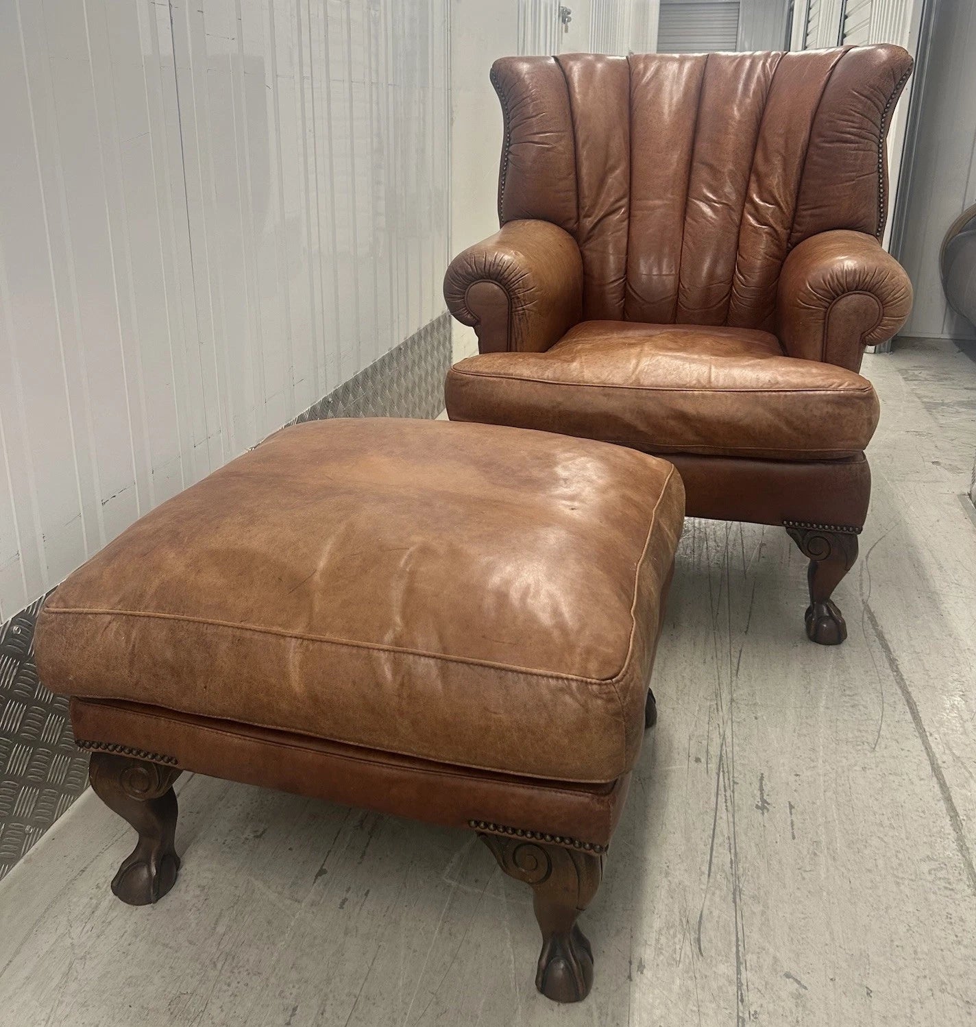 Tetrad Blake Tan Brown Leather Armchair & Footstool Pre-Loved
