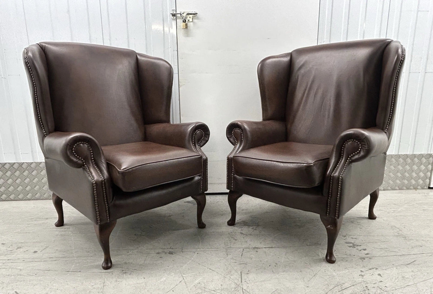 Brown Leather Chesterfield Wingback Armchairs Pair Pre-Loved