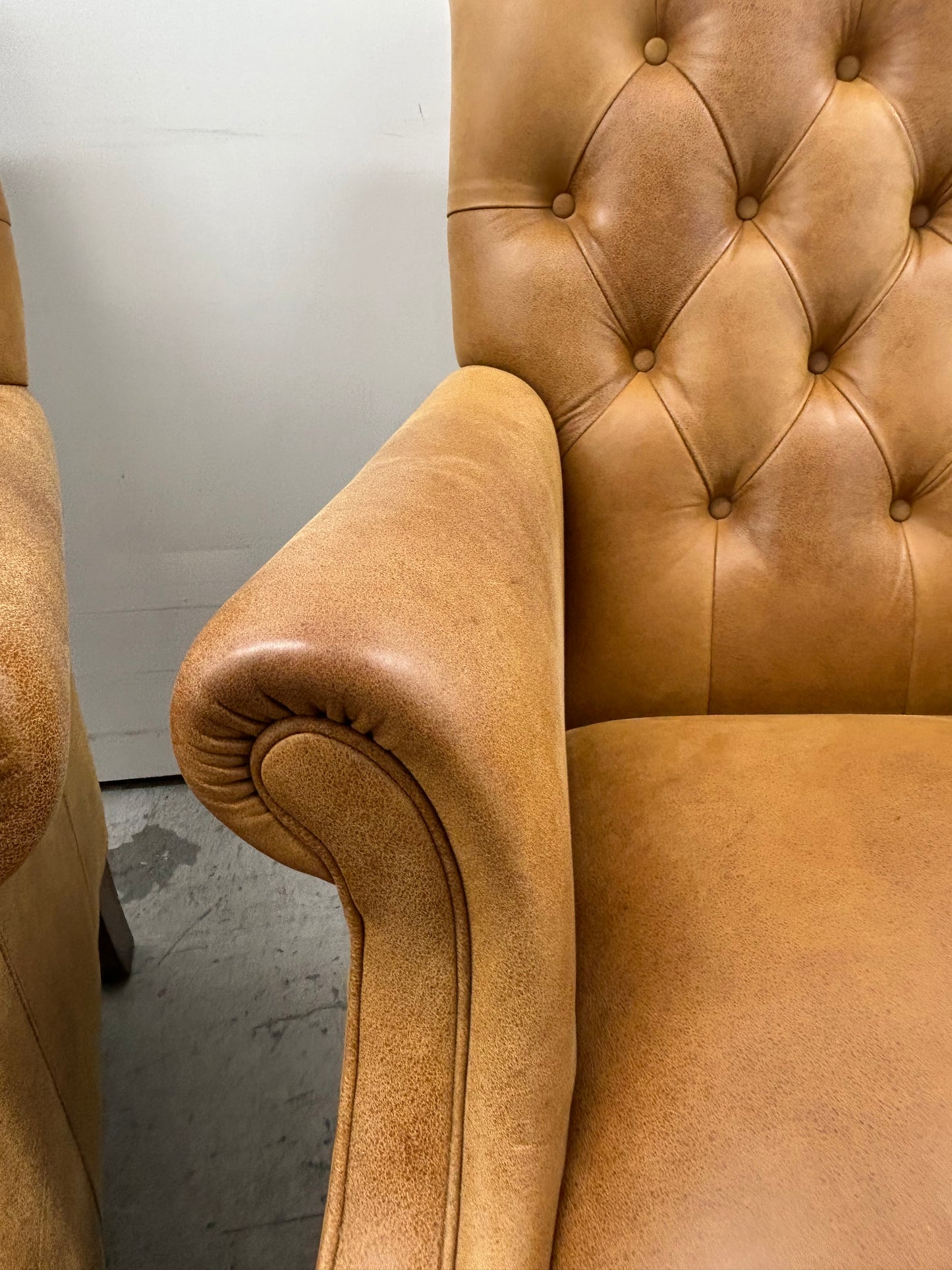 Laura Ashley Lancaster Tan Leather Armchairs Pair Pre-Loved