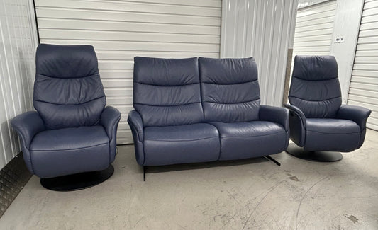 Himolla Azure Blue Leather Power Recliner Armchairs & Matching Fixed 2 Seater Sofa Pre-Loved