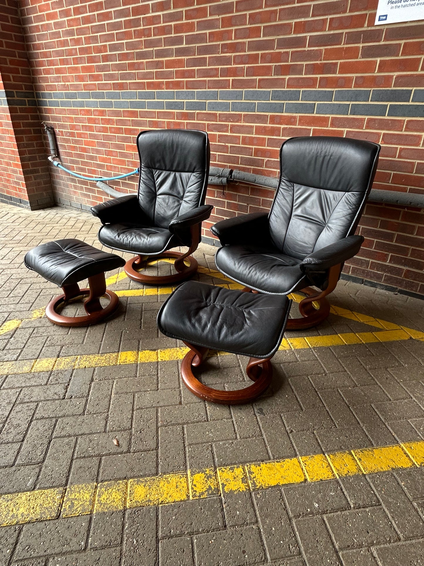 Ekornes Stressless Recline & Swivel Black Leather Chairs & Stools Pair Pre-Loved