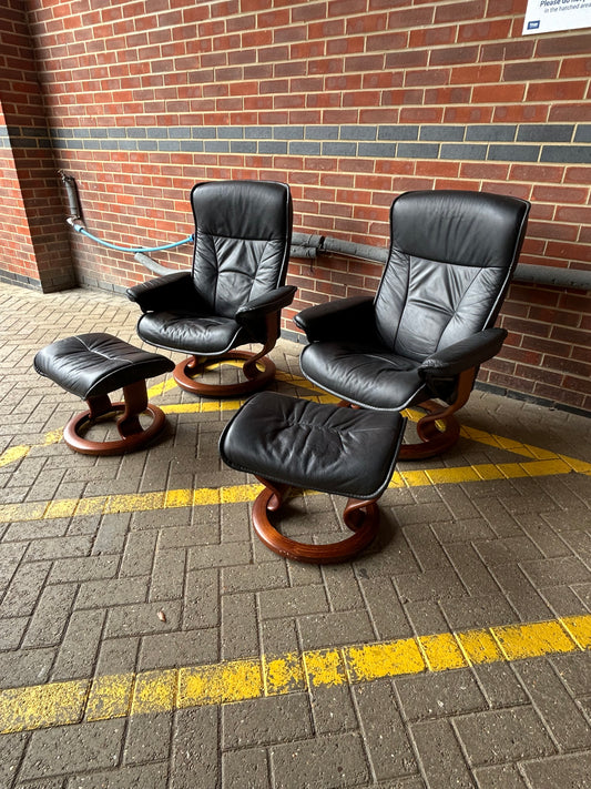 Ekornes Stressless Recline & Swivel Black Leather Chairs & Stools Pair Pre-Loved