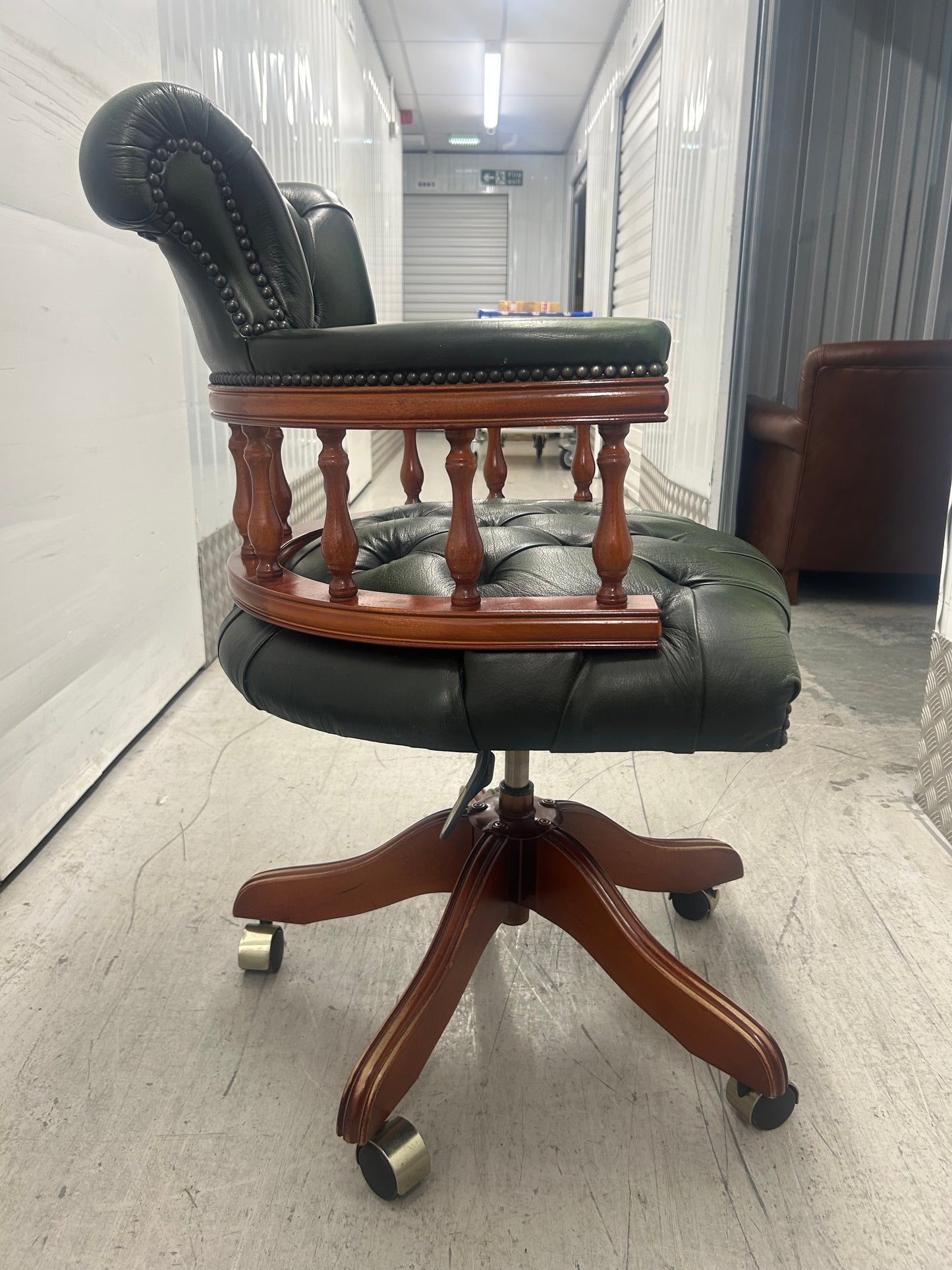 Green Leather Chesterfield Captains Desk Swivel Office Chair Pre-Loved