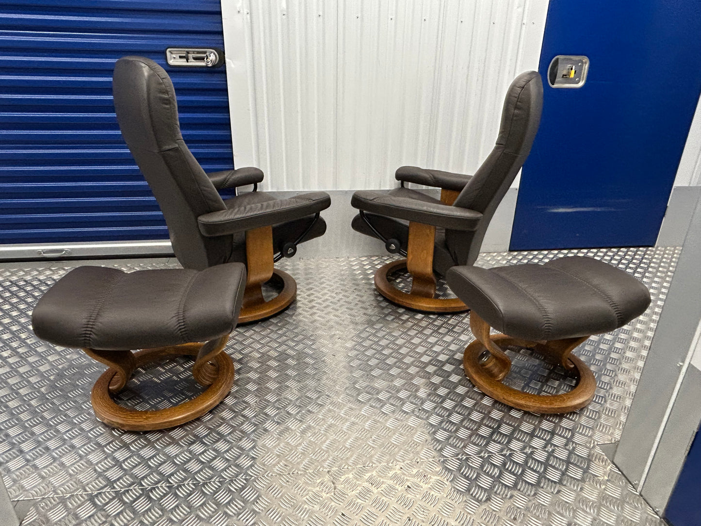 Ekornes Stressless Consul Recline & Swivel Brown Leather Chairs & Stool Pair Pre-Loved