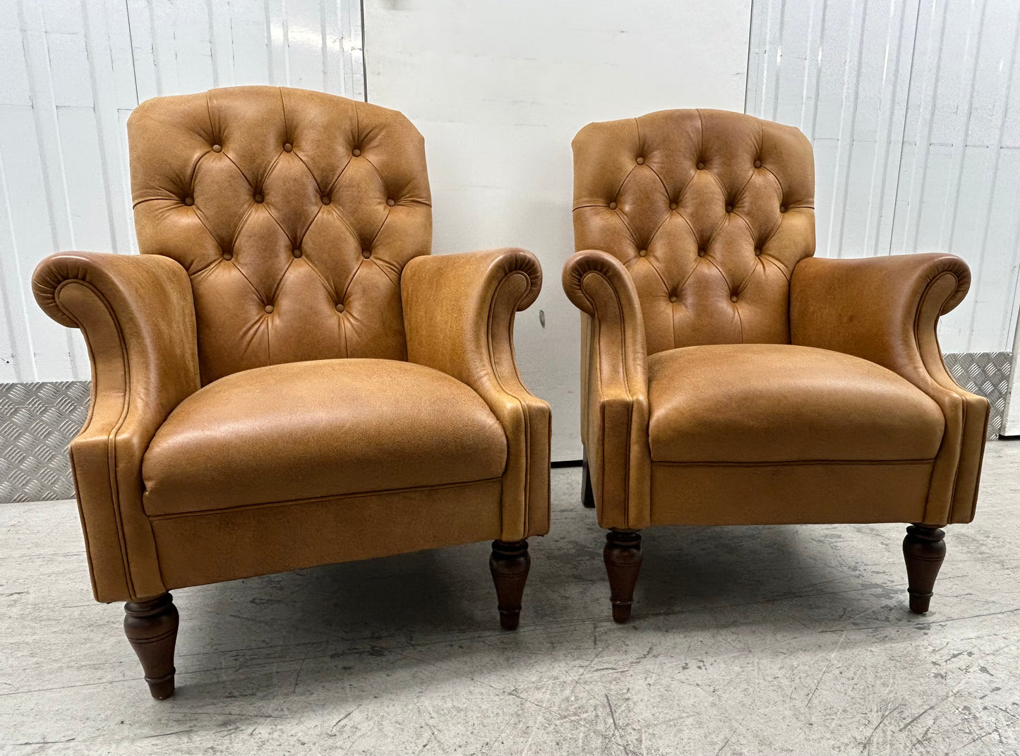 Laura Ashley Lancaster Tan Leather Armchairs Pair Pre-Loved