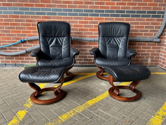 Ekornes Stressless Recline & Swivel Black Leather Chairs & Stools Pair Pre-Loved