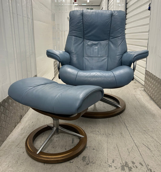 Ekornes Stressless Signature Mayfair Blue Leather Recliner Chair & Stool Large Pre-Loved