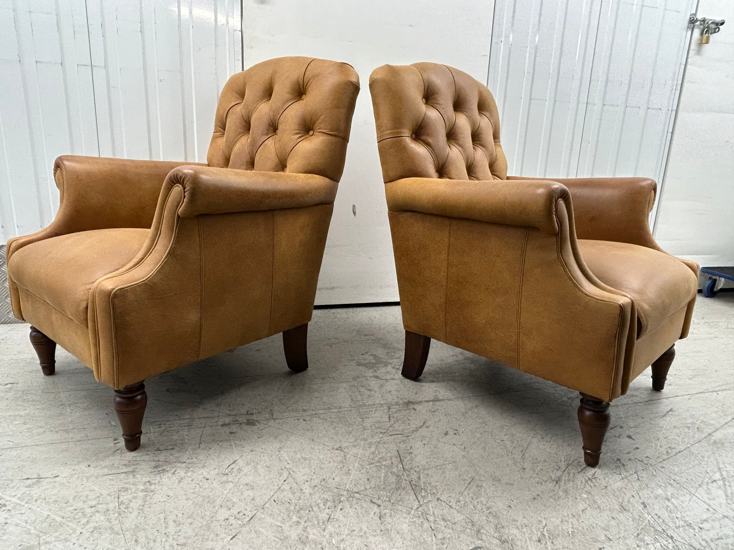 Laura Ashley Lancaster Tan Leather Armchairs Pair Pre-Loved