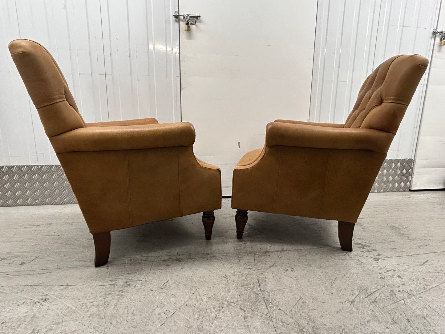 Laura Ashley Lancaster Tan Leather Armchairs Pair Pre-Loved