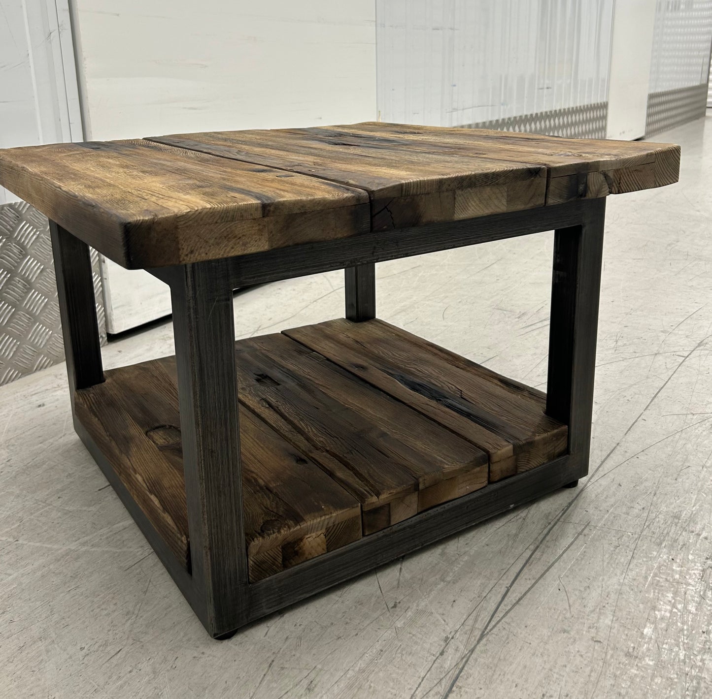 Timothy Oulton Reclaimed Wood & Industrial Metal Frame Axel Side Table