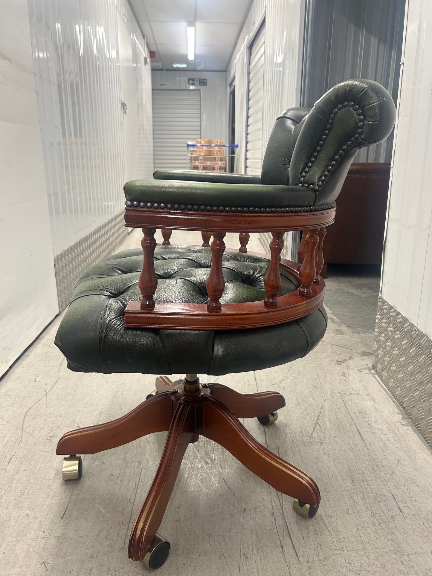 Green Leather Chesterfield Captains Desk Swivel Office Chair Pre-Loved