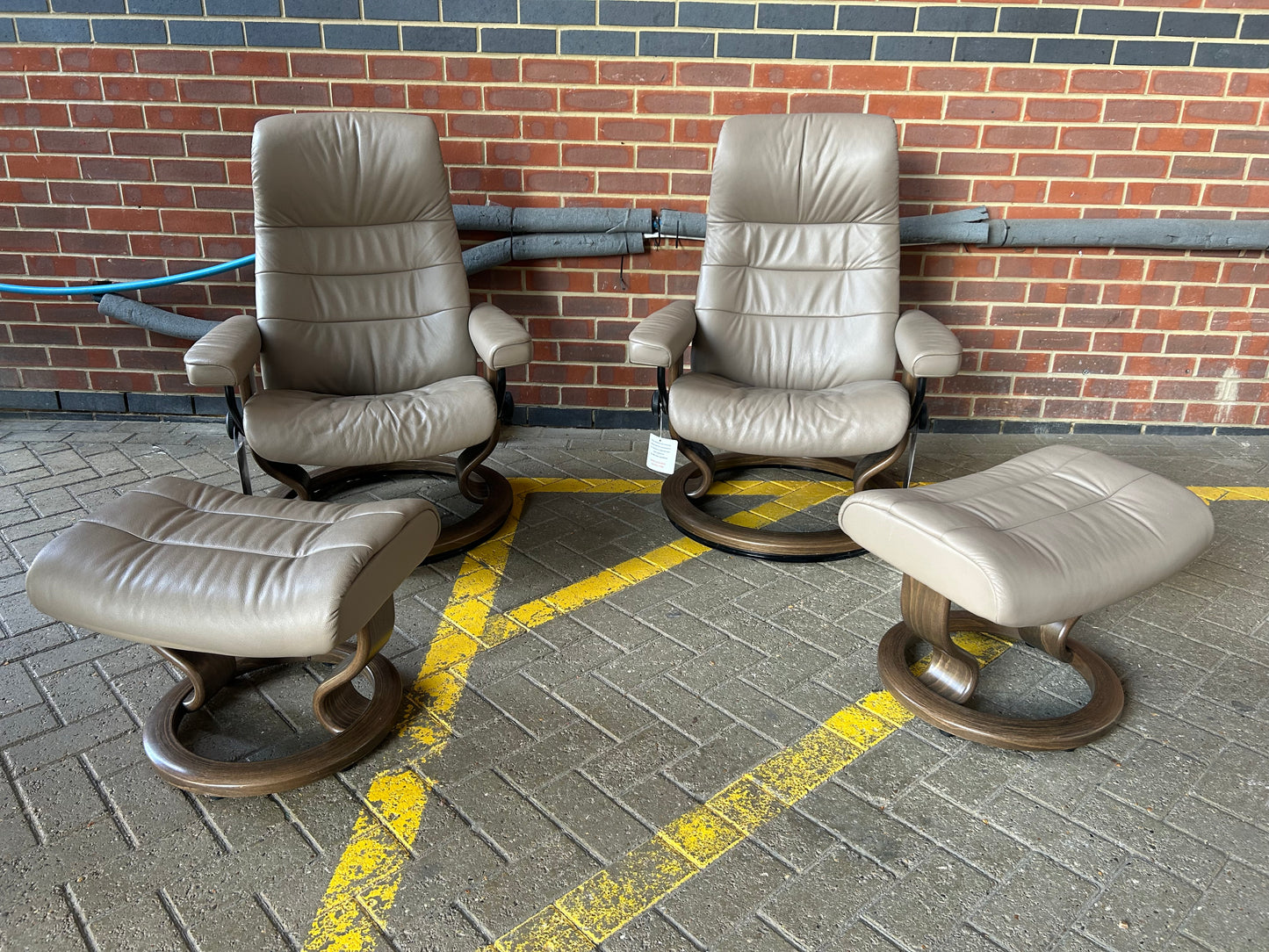 Ekornes Stressless Opal Recline & Swivel Mole Leather Chairs & Stool Pair Pre-Loved