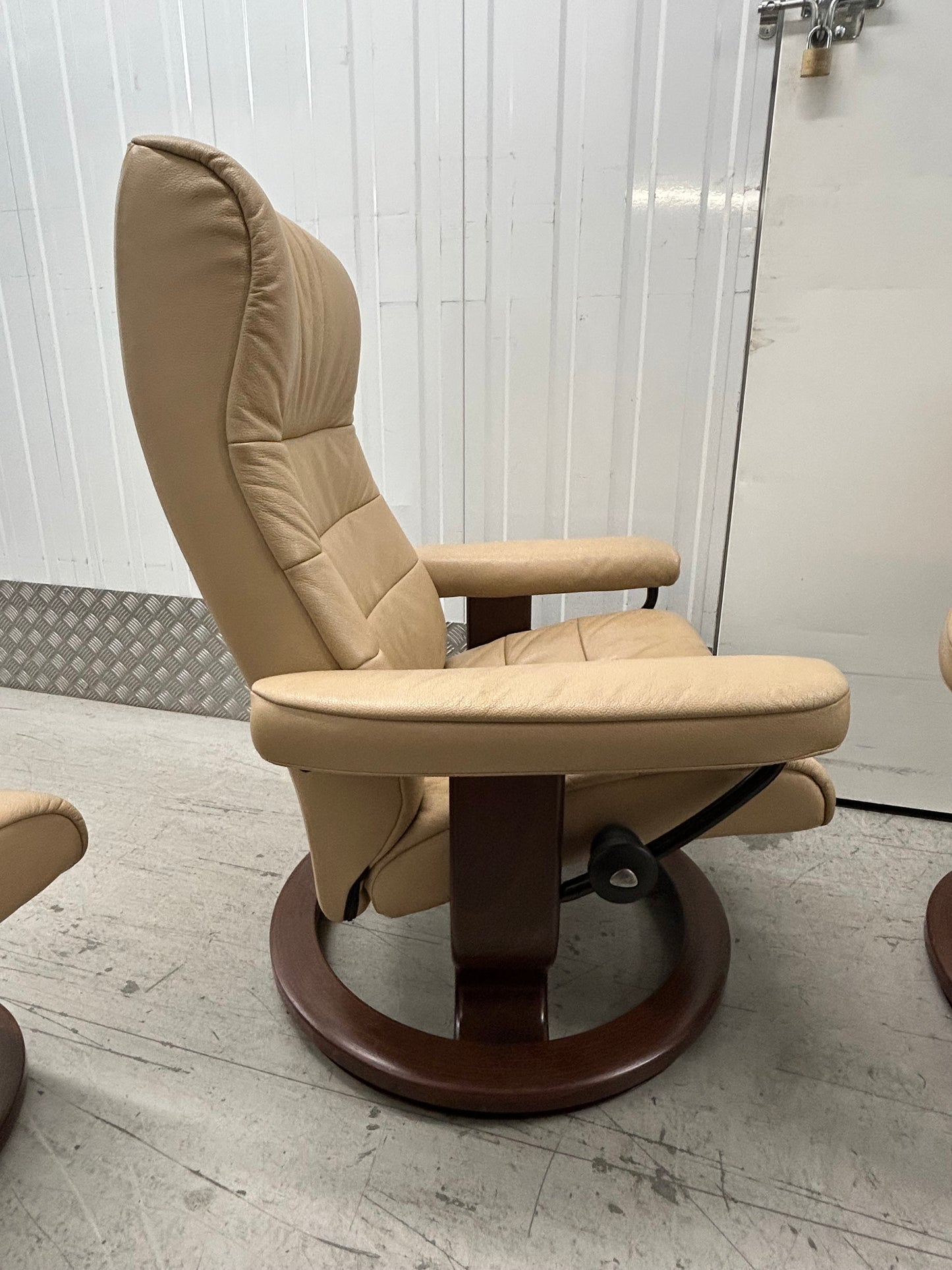 Ekornes Stressless Recline & Swivel Leather Chairs & Stool Pair Pre-Loved