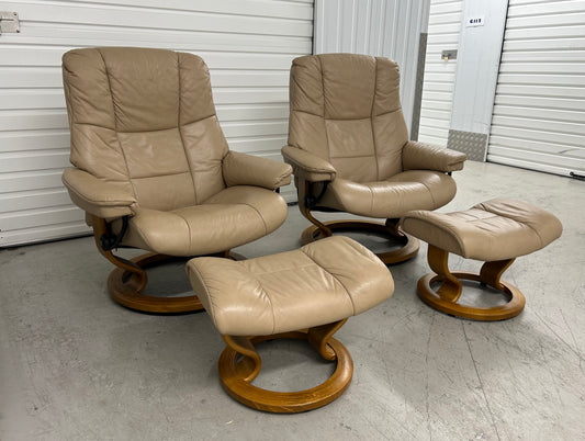 Ekornes Stressless Large Mayfair Recline/Swivel Sand Leather Armchairs & Stools Pre-Loved