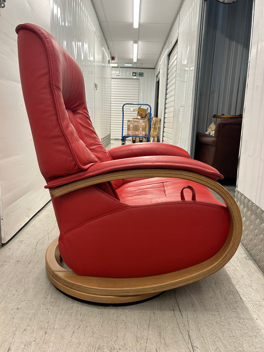 Himolla Mosel Midi Cherry Leather Recline & Swivel Chair Integrated Footrest Pre-Loved