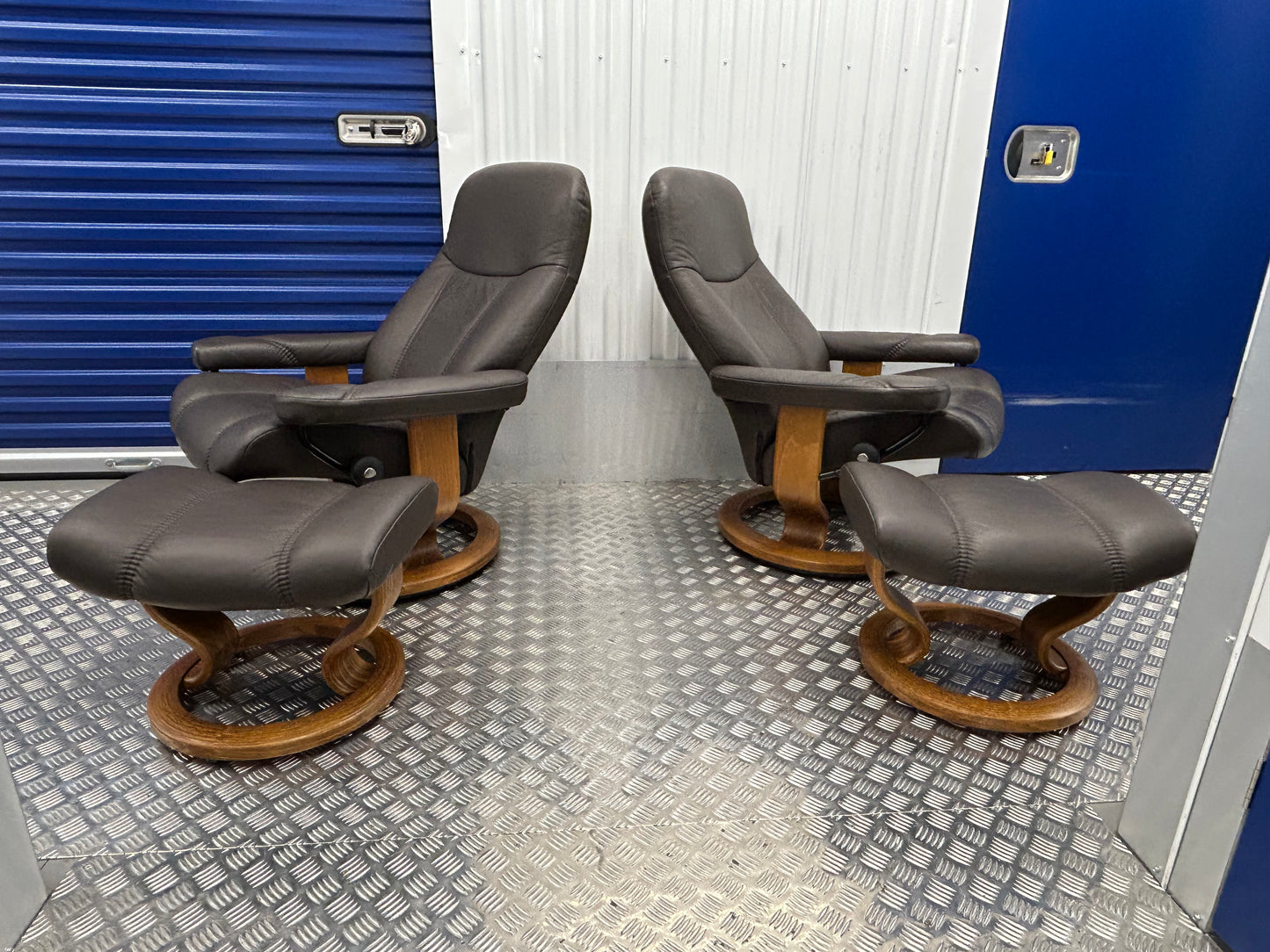 Ekornes Stressless Consul Recline & Swivel Brown Leather Chairs & Stool Pair Pre-Loved