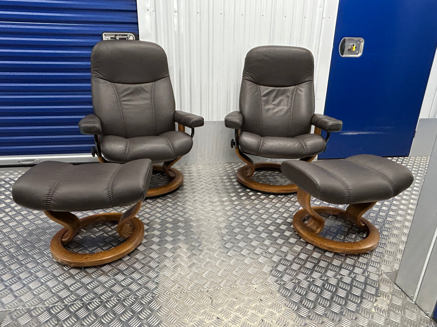 Ekornes Stressless Consul Recline & Swivel Brown Leather Chairs & Stool Pair Pre-Loved