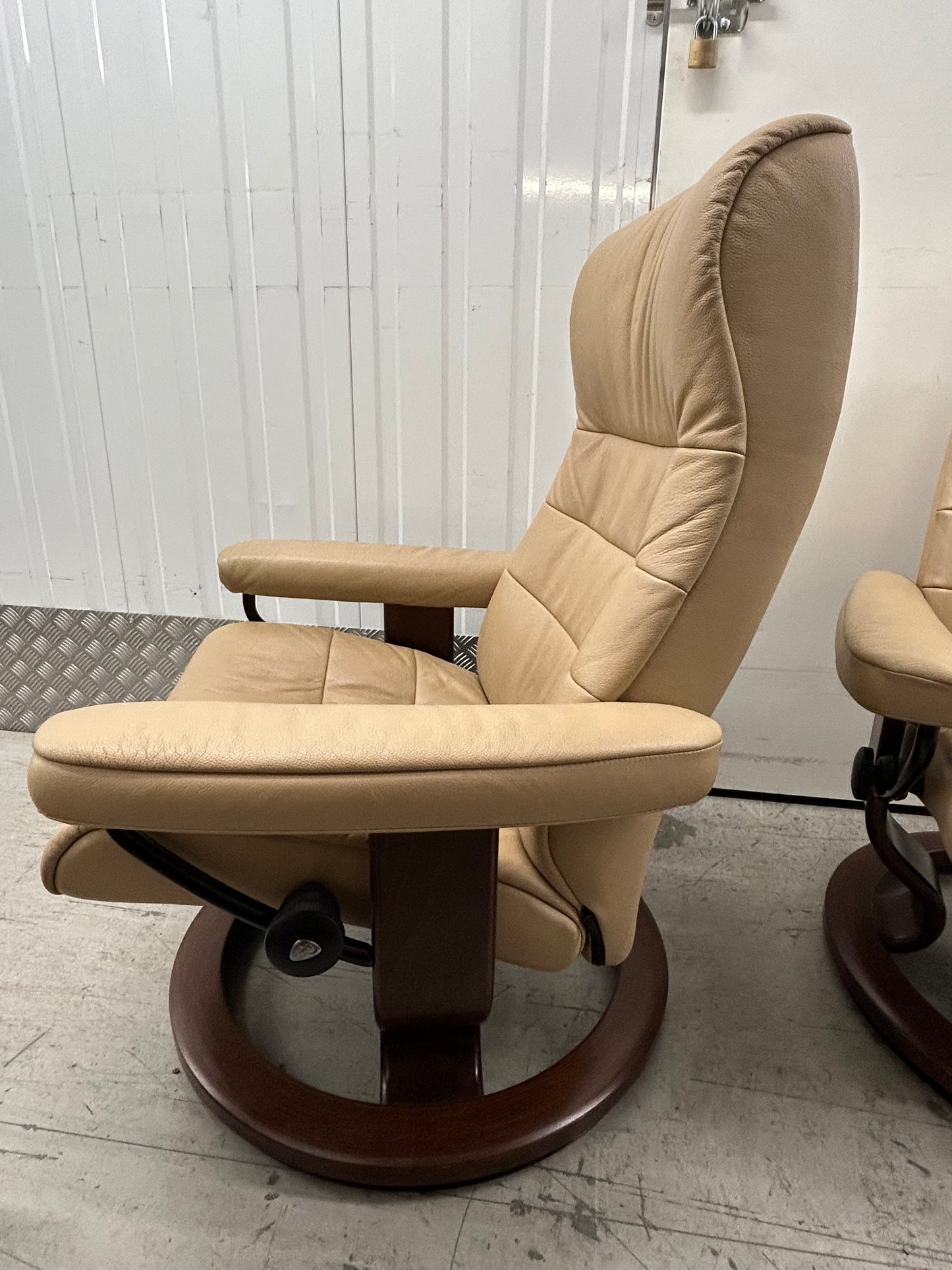 Ekornes Stressless Recline & Swivel Leather Chairs & Stool Pair Pre-Loved