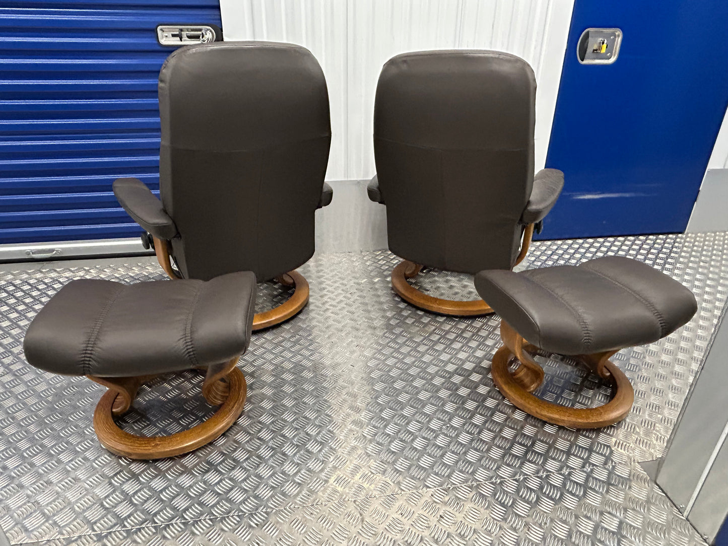 Ekornes Stressless Consul Recline & Swivel Brown Leather Chairs & Stool Pair Pre-Loved