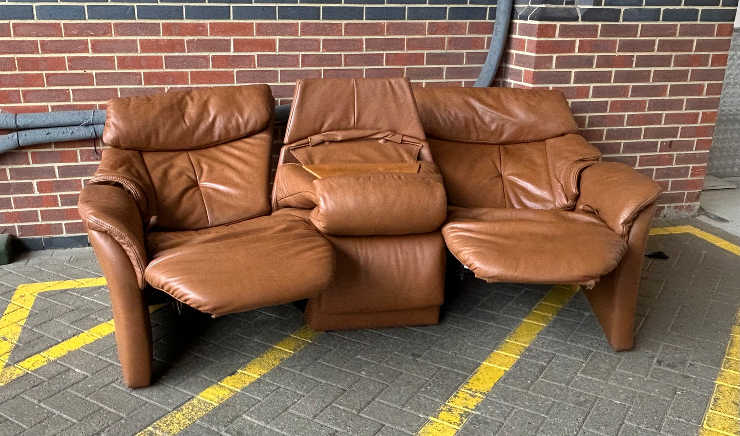 Himolla 3 Seater Curved Cognac Leather Recliner Sofa With Retractable Table Pre-Loved