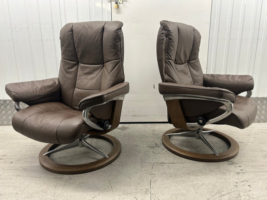 Ekornes Stressless Signature Mayfair Chestnut Leather Recliners Medium Pair Pre-Loved
