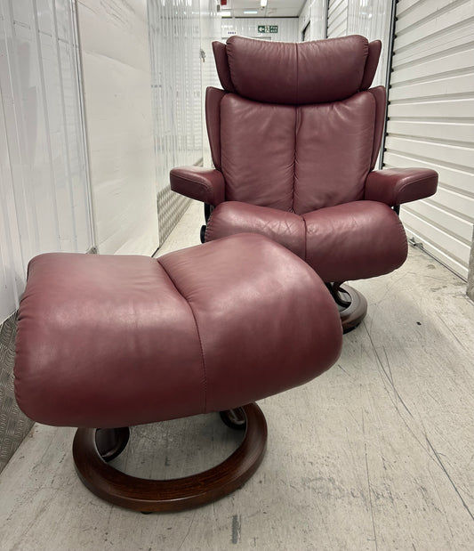 Ekornes Stressless Magic Leather Recliner Armchair & Footstool Medium Size Pre-Loved