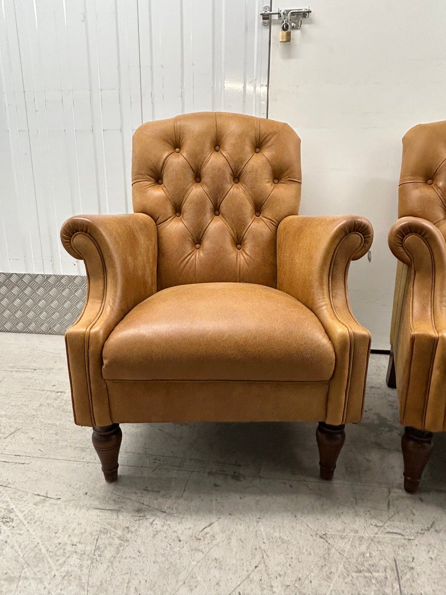 Laura Ashley Lancaster Tan Leather Armchairs Pair Pre-Loved