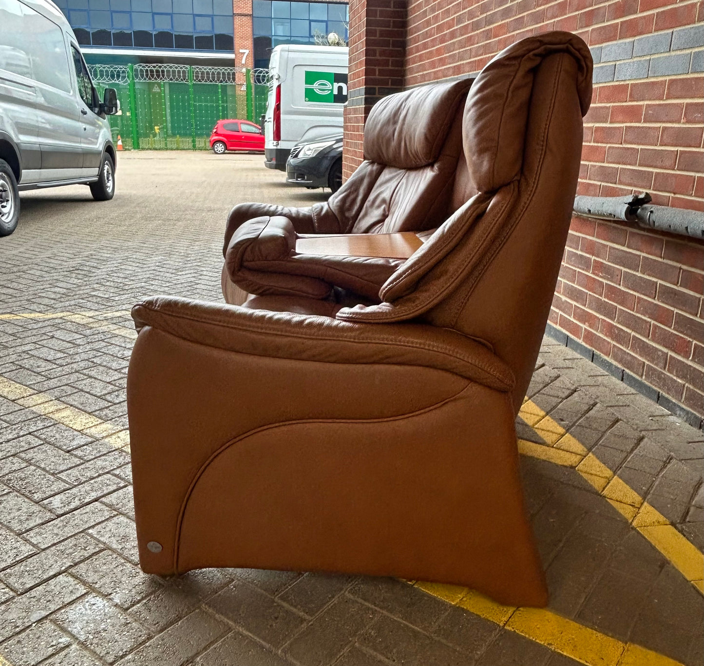 Himolla 3 Seater Curved Cognac Leather Recliner Sofa With Retractable Table Pre-Loved