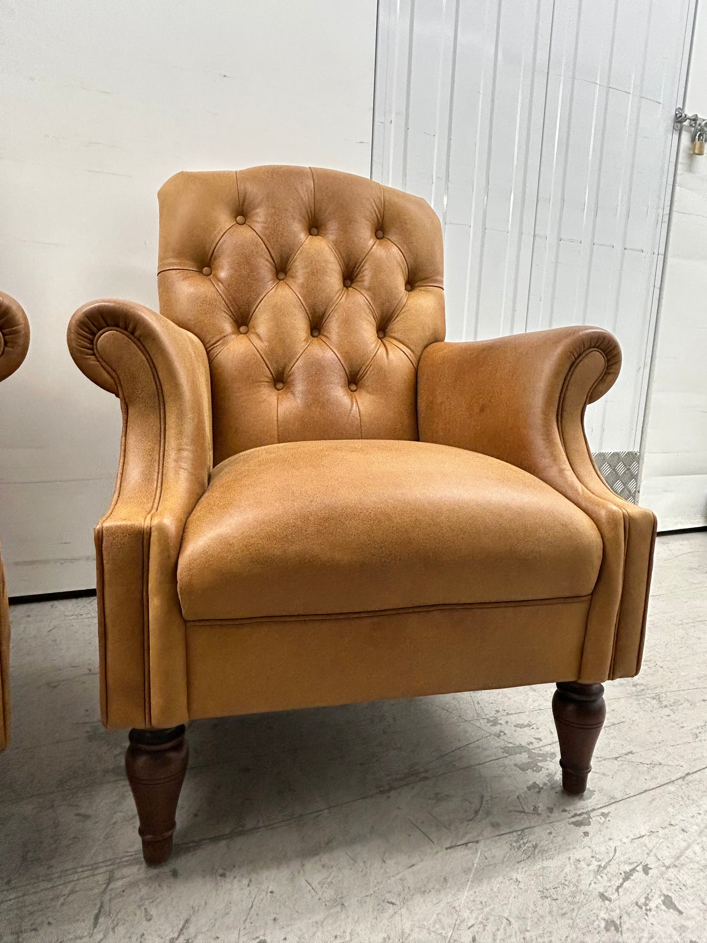 Laura Ashley Lancaster Tan Leather Armchairs Pair Pre-Loved