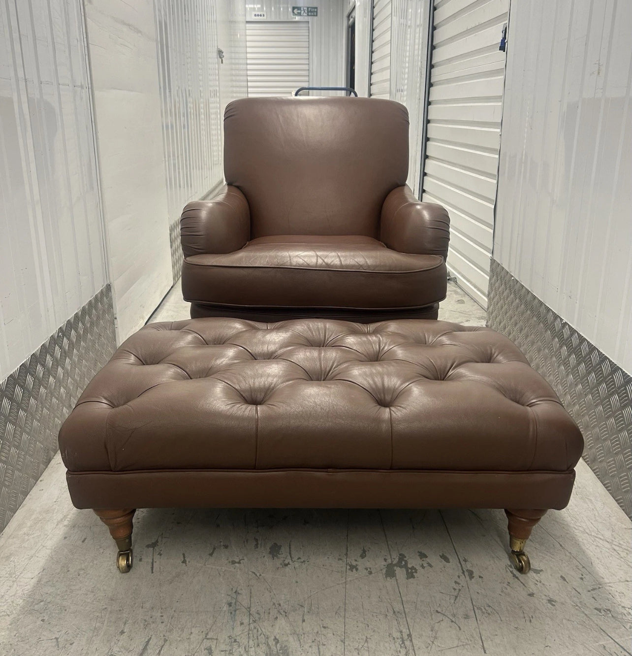 Marks & Spencer Brown Leather Howard Style Armchair & Footstool Pre-Loved