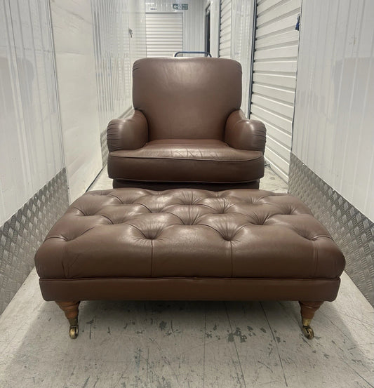 Marks & Spencer Brown Leather Howard Style Armchair & Footstool Pre-Loved