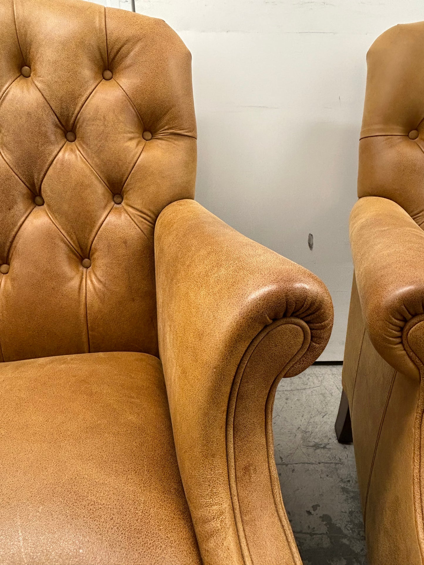 Laura Ashley Lancaster Tan Leather Armchairs Pair Pre-Loved