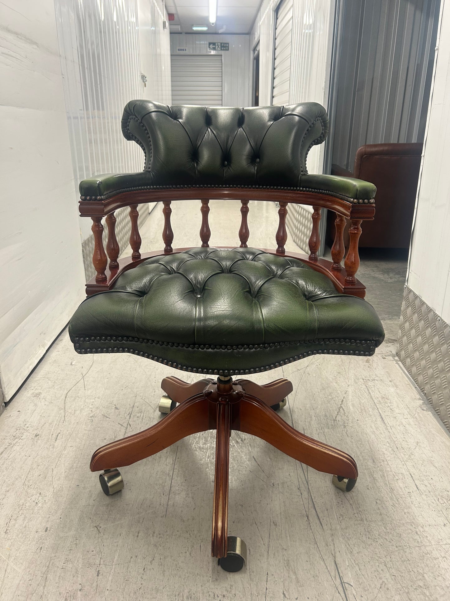 Green Leather Chesterfield Captains Desk Swivel Office Chair Pre-Loved