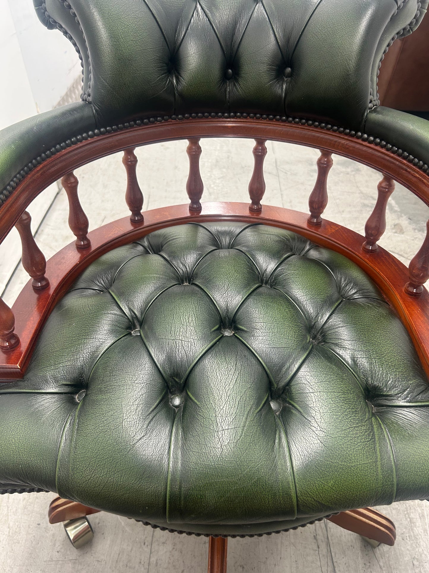 Green Leather Chesterfield Captains Desk Swivel Office Chair Pre-Loved