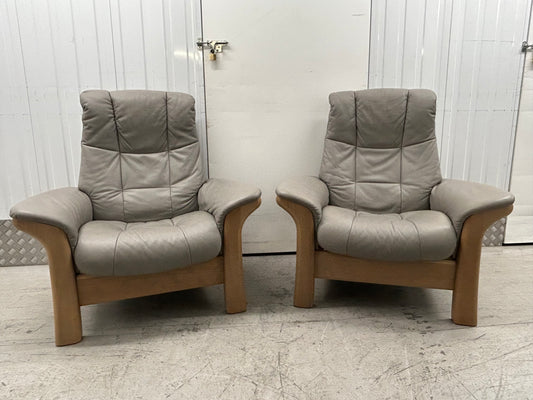 Ekornes Stressless Windsor Recliner Armchairs & Footstools Silver Grey Pair 2023 Pre-Loved