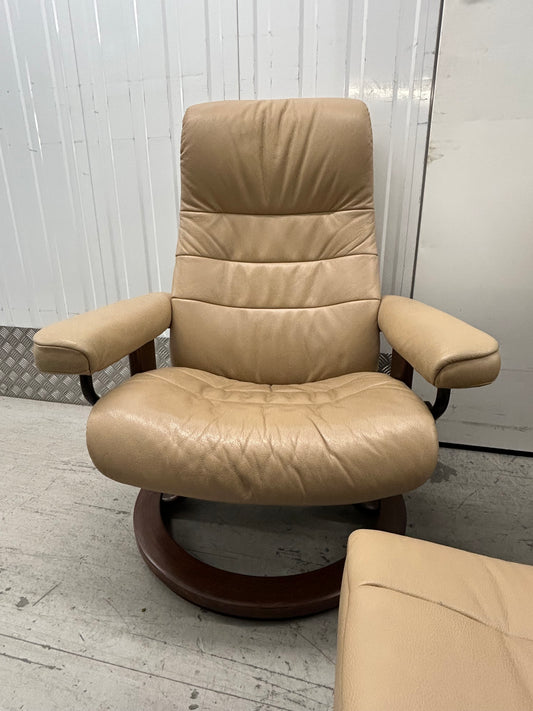 Ekornes Stressless Recline & Swivel Leather Chairs & Stool Pair Pre-Loved