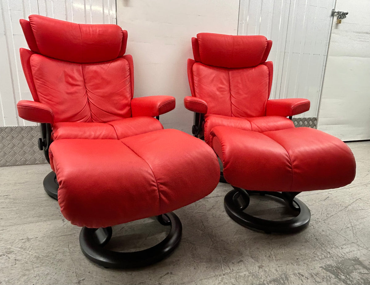 Ekornes Stressless Magic Medium Size Red Leather Recliner Chairs & Footstools Pair Pre-Loved