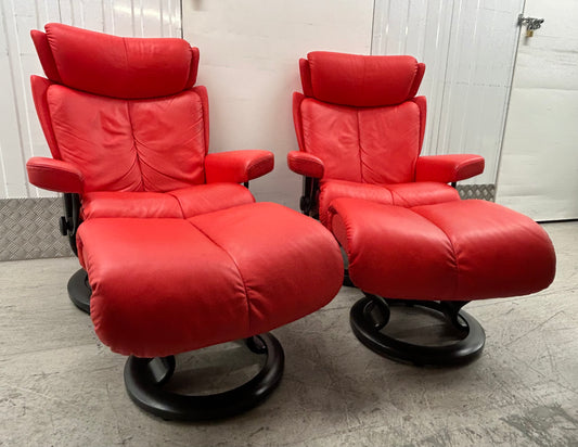 Ekornes Stressless Magic Medium Size Red Leather Recliner Chairs & Footstools Pair Pre-Loved
