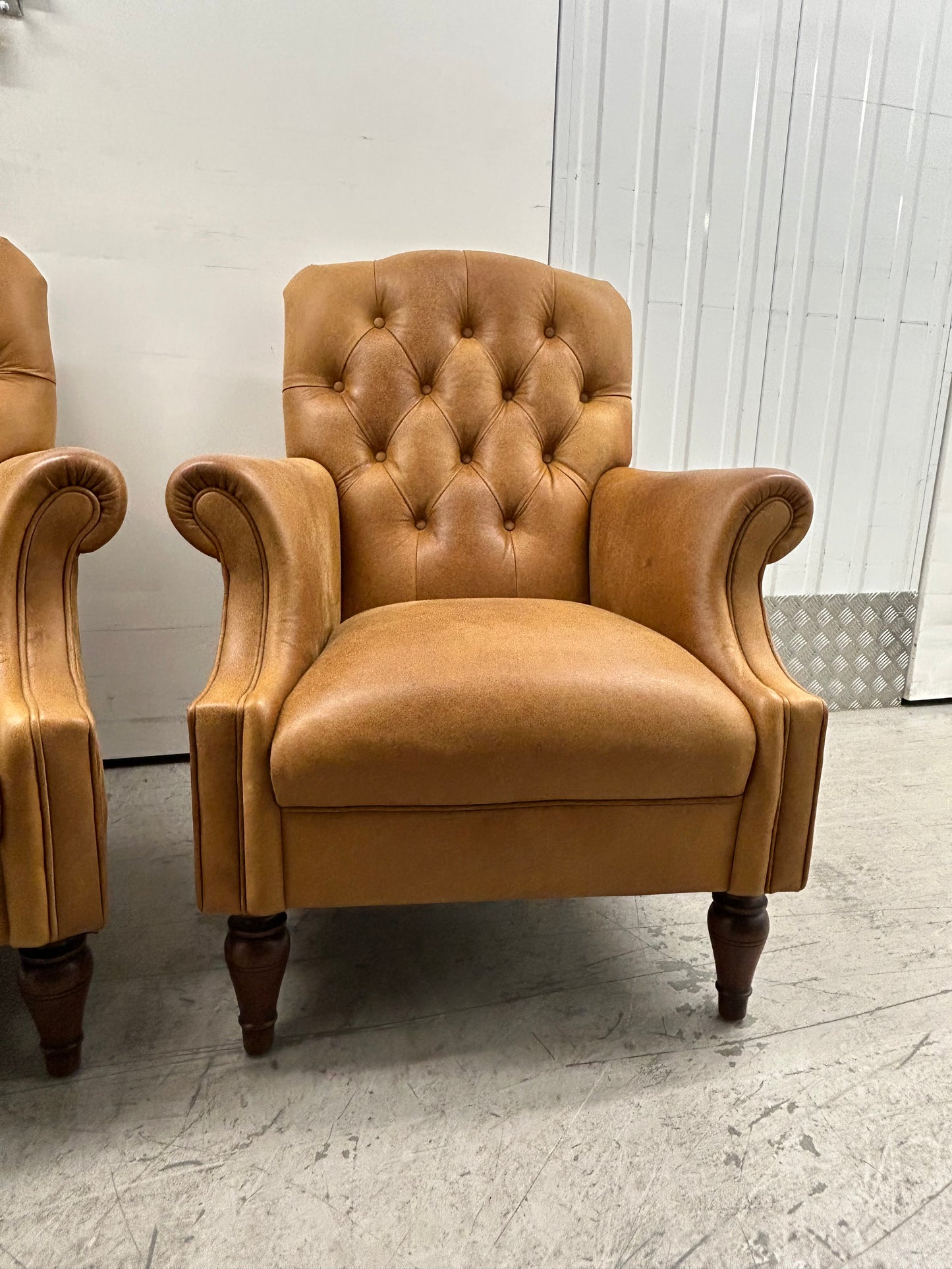 Laura Ashley Lancaster Tan Leather Armchairs Pair Pre-Loved
