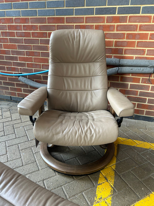 Ekornes Stressless Opal Recline & Swivel Mole Leather Chairs & Stool Pair Pre-Loved
