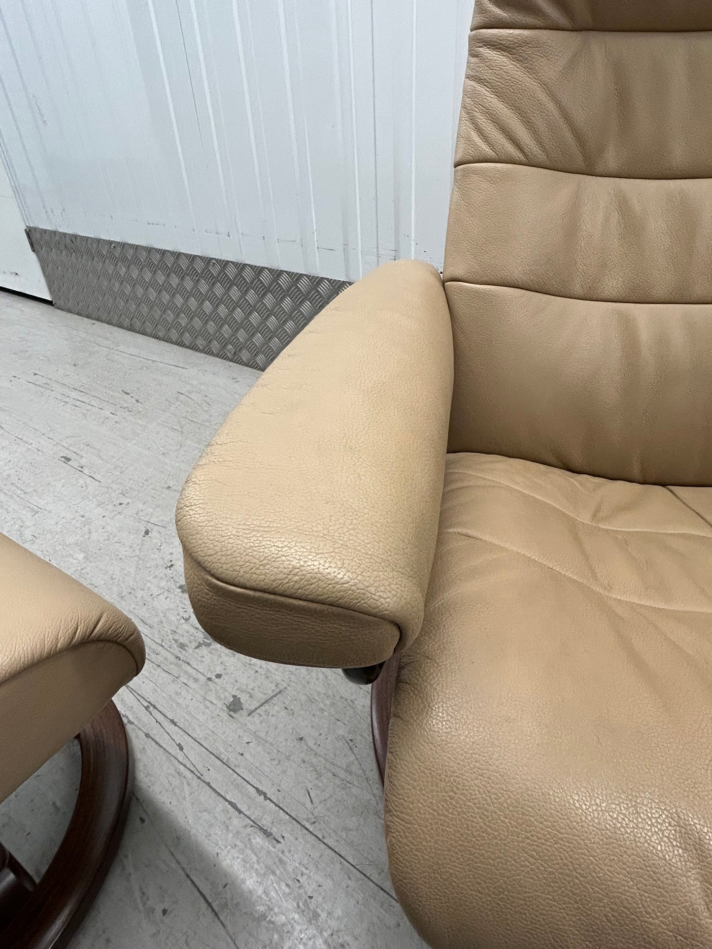 Ekornes Stressless Recline & Swivel Leather Chairs & Stool Pair Pre-Loved