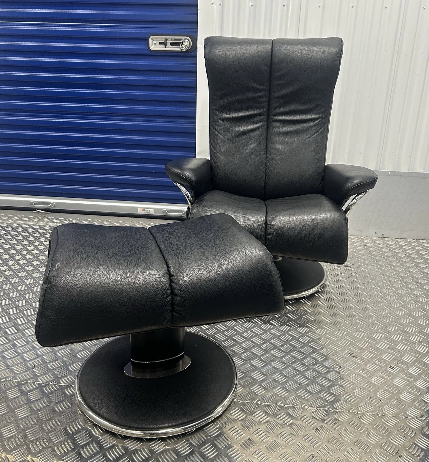 Ekornes Stressless Blues Black Leather Recliner Armchair + Footstool Medium Size Pre-Loved