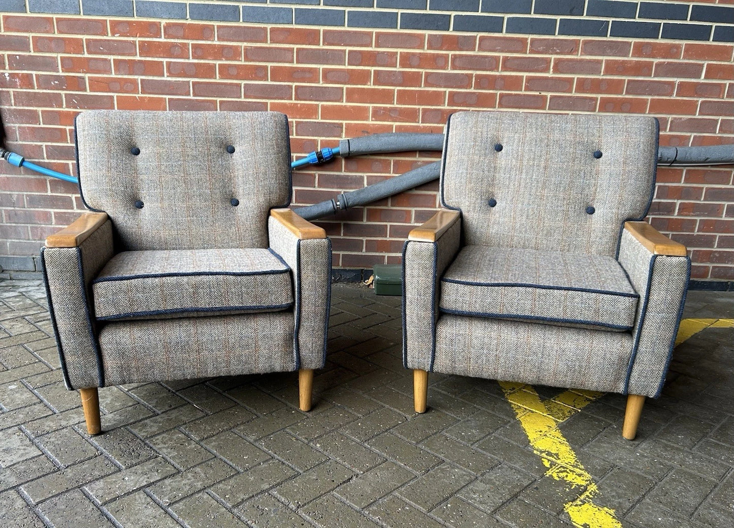 Mid Century Style Armchairs In Harris Tweed Pre-Loved