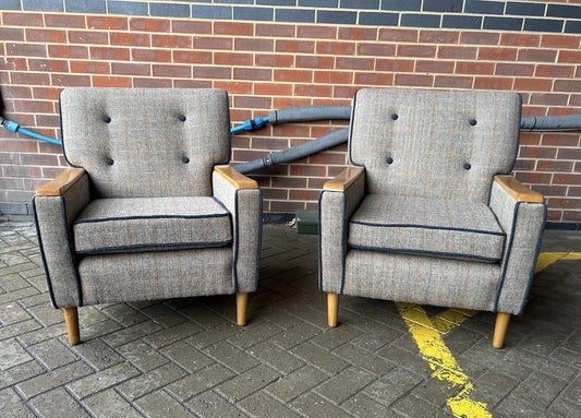 Mid Century Style Armchairs In Harris Tweed Pre-Loved
