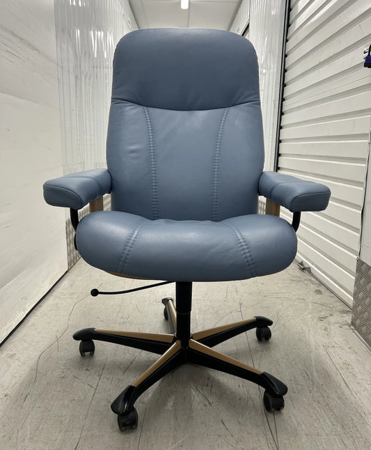 Ekornes Stressless Consul Recliner Sparrow Blue Leather Office Desk Chair Pre-Loved