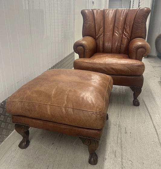Tetrad Blake Tan Brown Leather Armchair & Footstool Pre-Loved