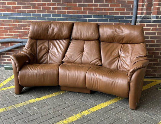 Himolla 3 Seater Curved Cognac Leather Recliner Sofa With Retractable Table Pre-Loved